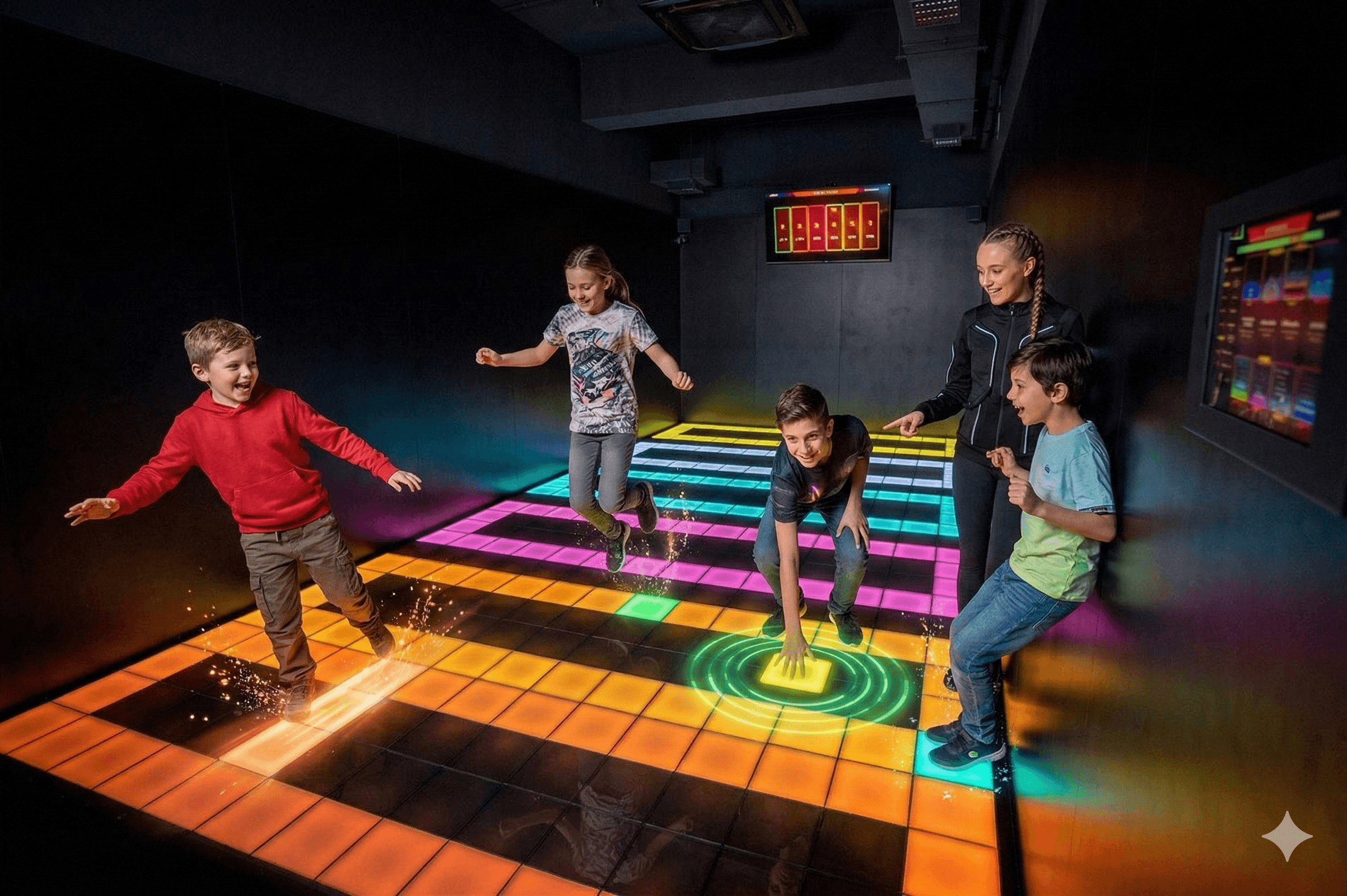 Interactive pixel floor glowing with colorful game patterns